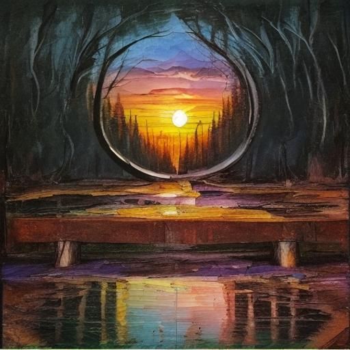 Abstract Impasto Sunset with Broken Bridge