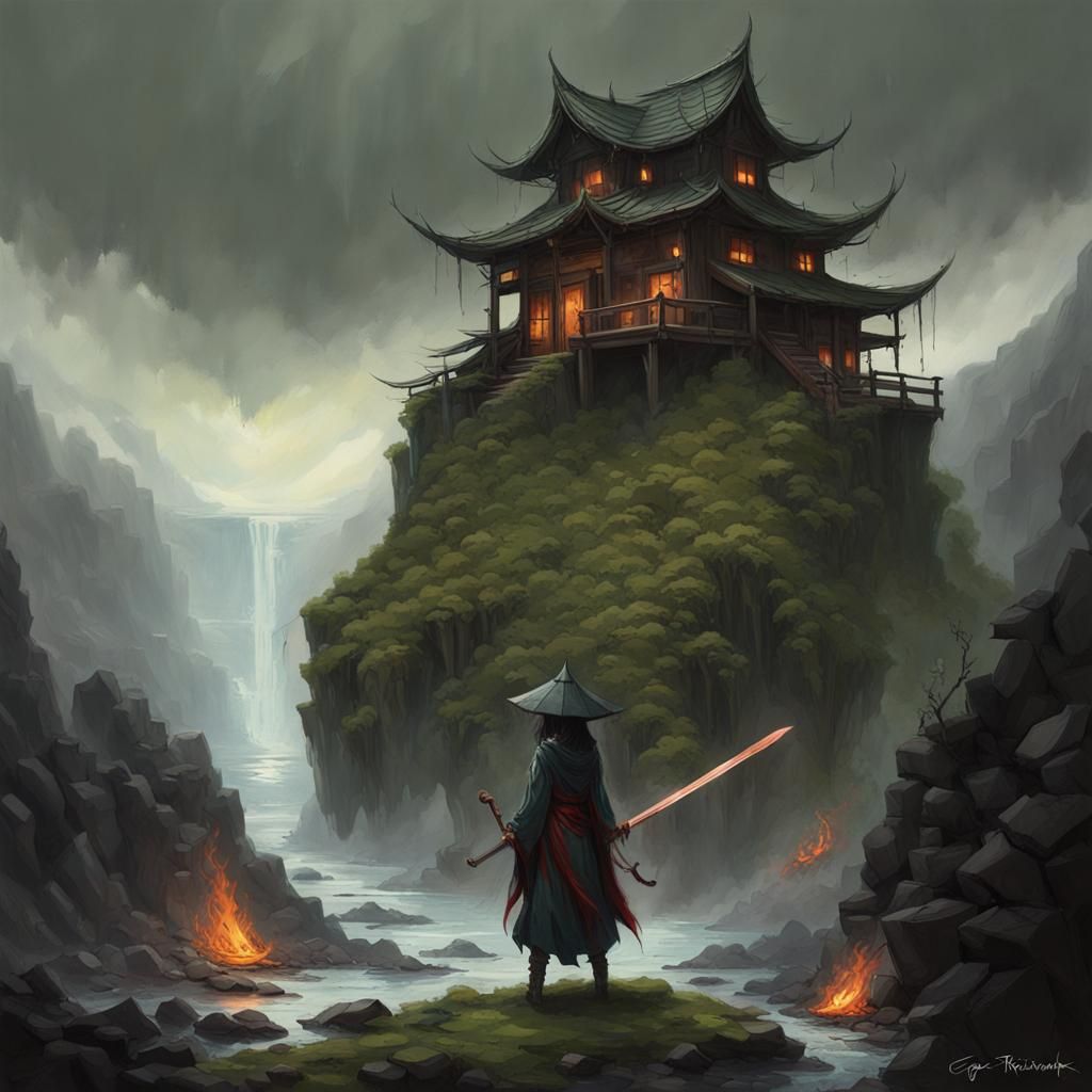 Female Samurai with Ornate Sword in Sinister Setting