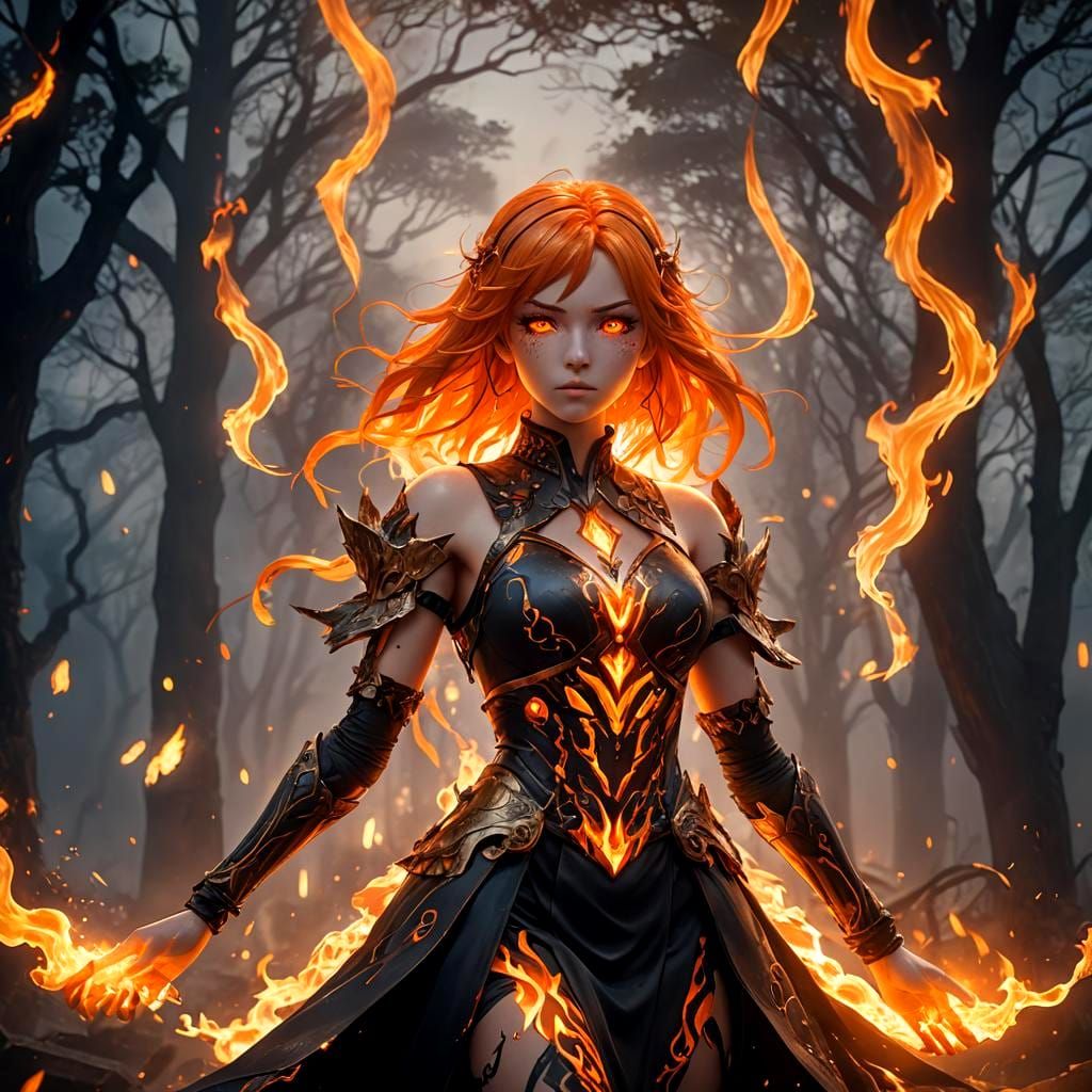 Anime Girl Ablaze: Detailed Digital Fantasy Art