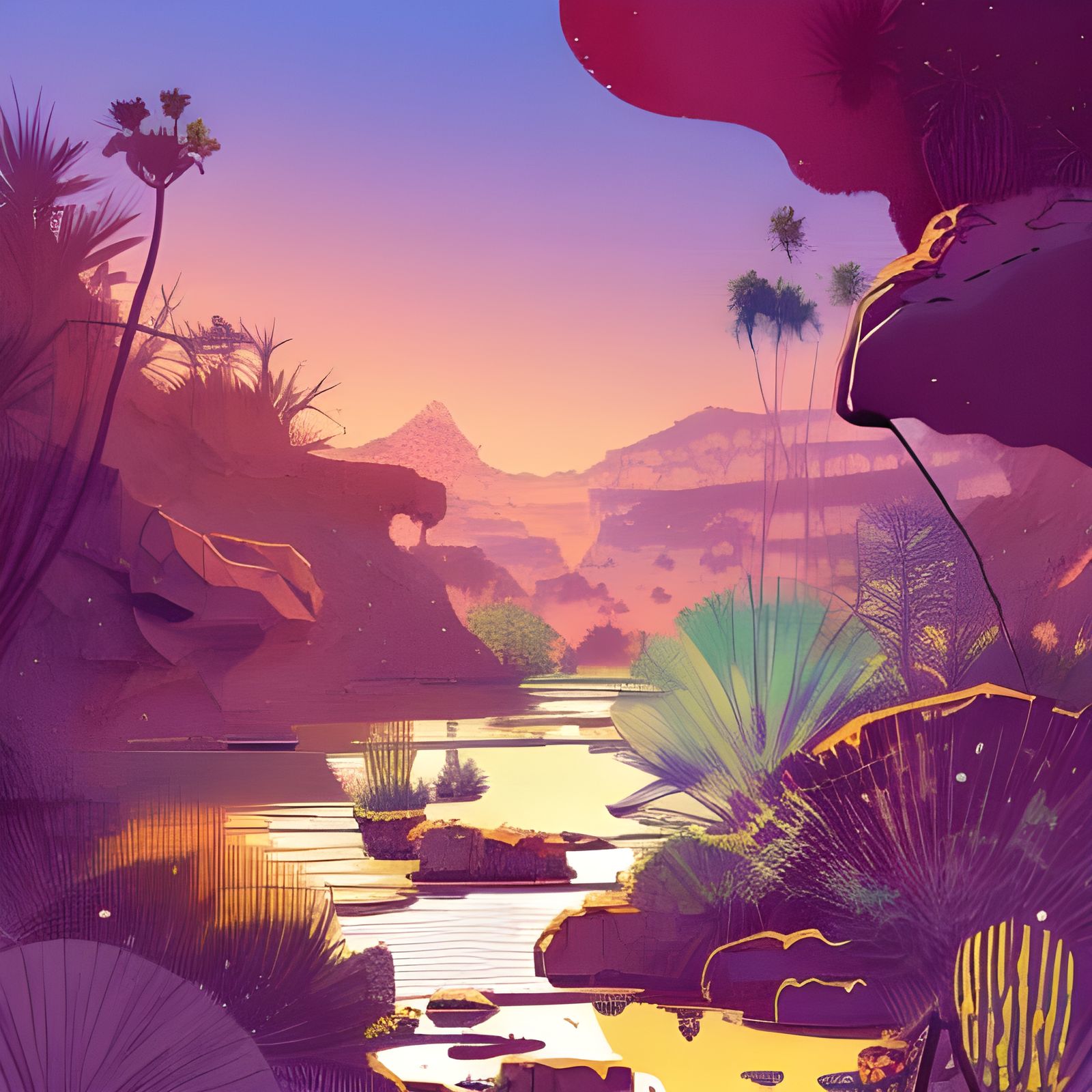 Golden Hour Desert Oasis Digital Art