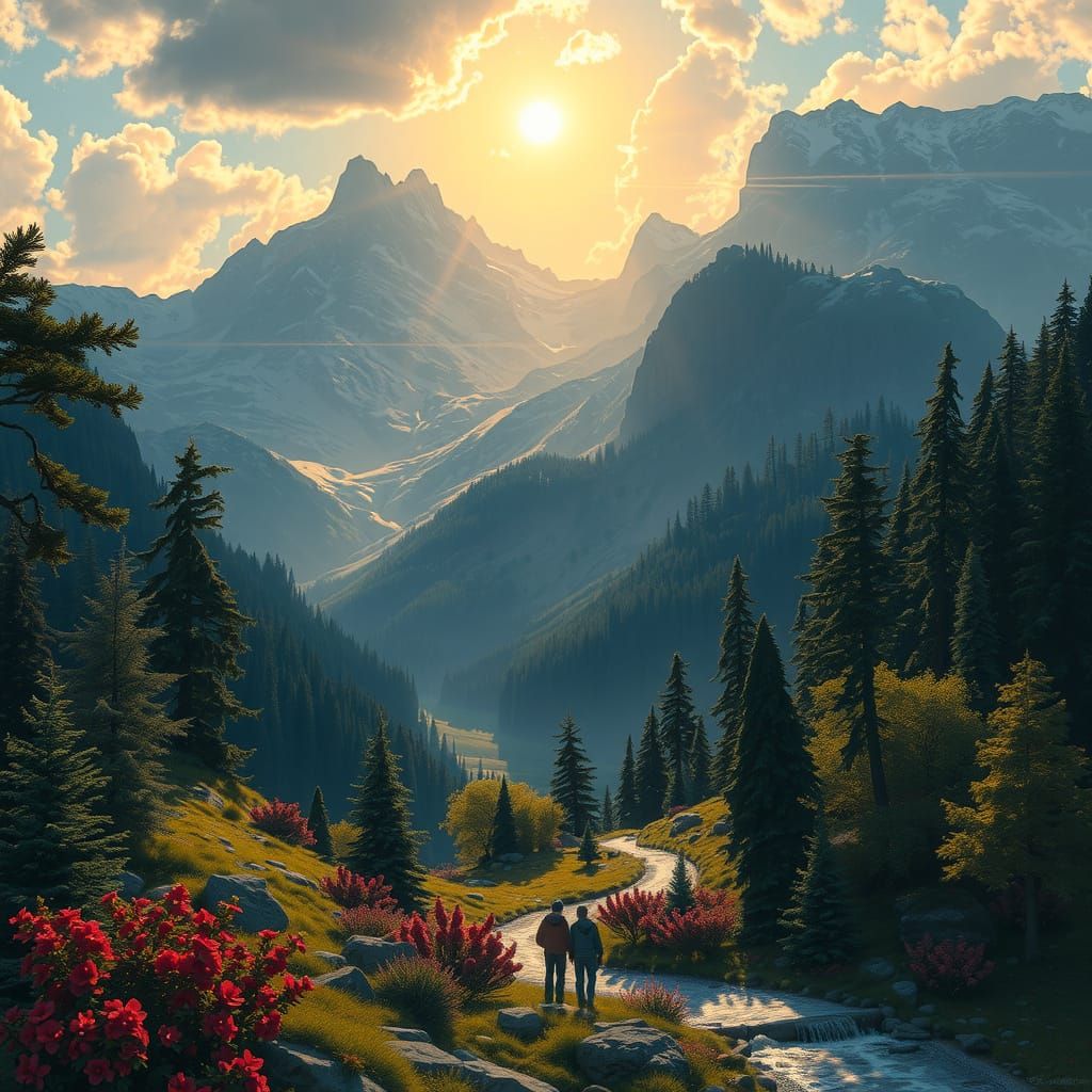 Sunlit Mountain Landscape in Classical Style