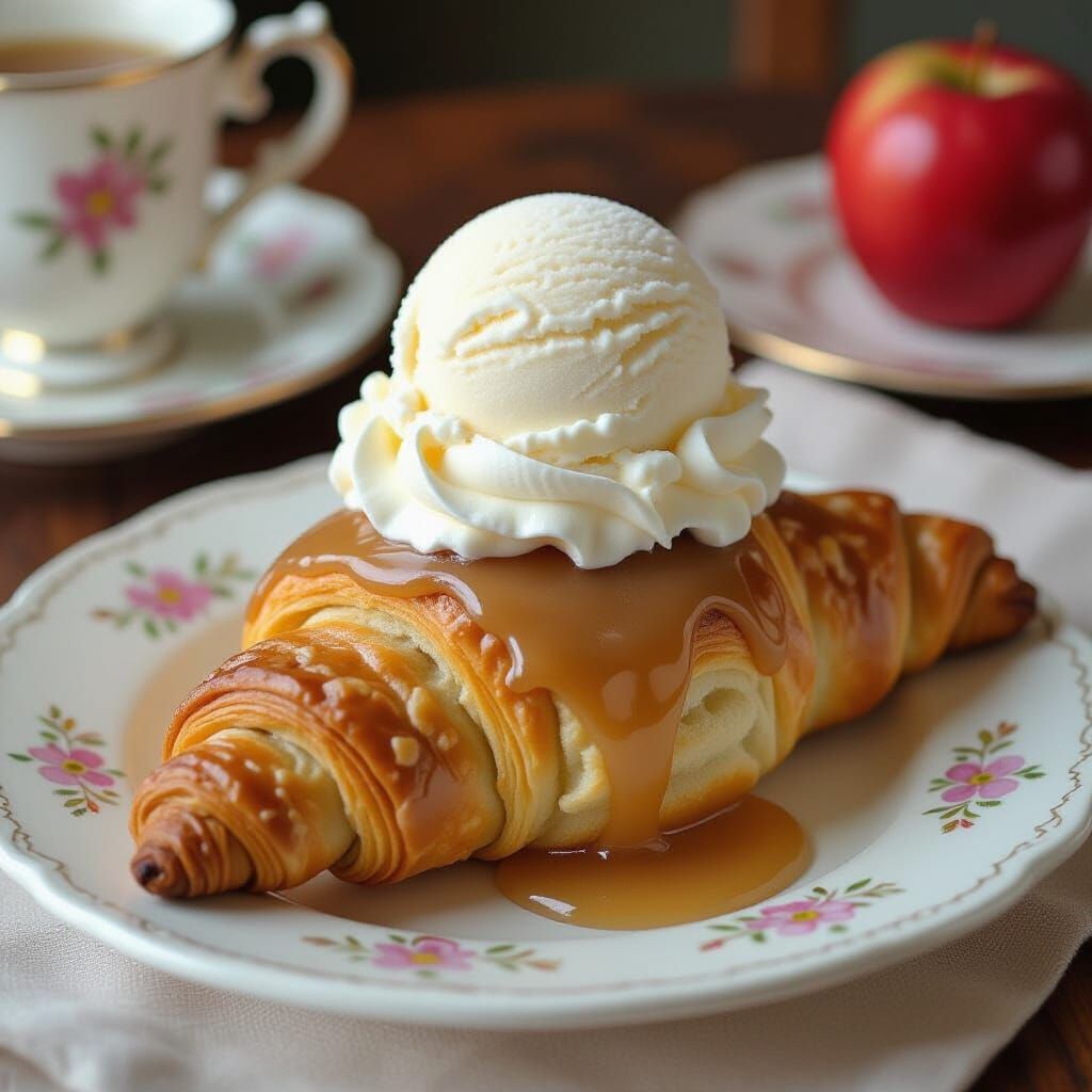 Cream Horn Pastry with Apple Sauce and Ice Cream
