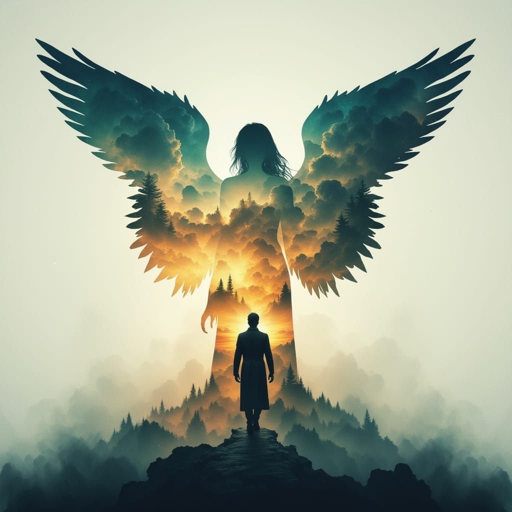 Angel Silhouette with Fantasy Kingdom Double Exposure