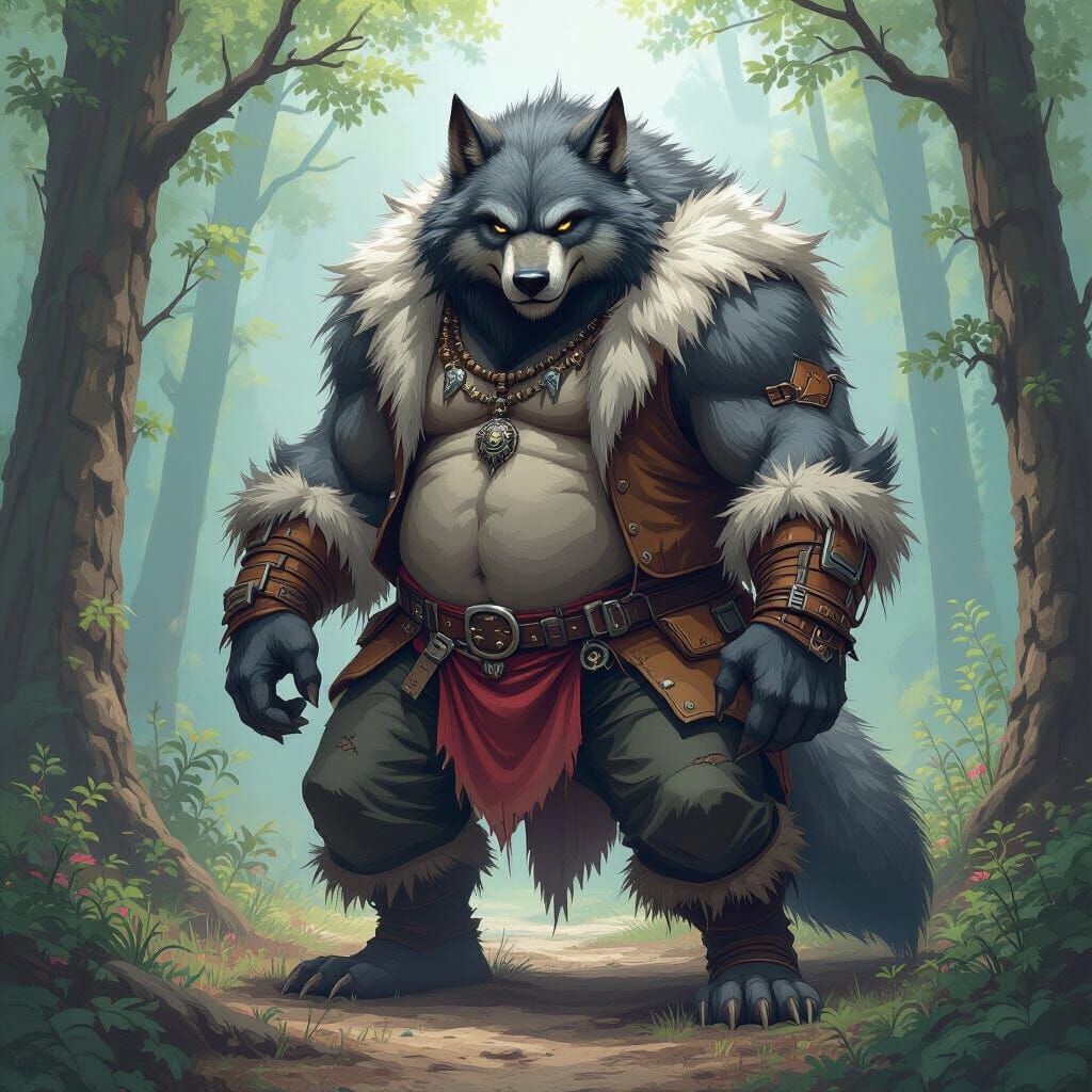 Obese Werewolf in Mystical Forest, Frazetta Style