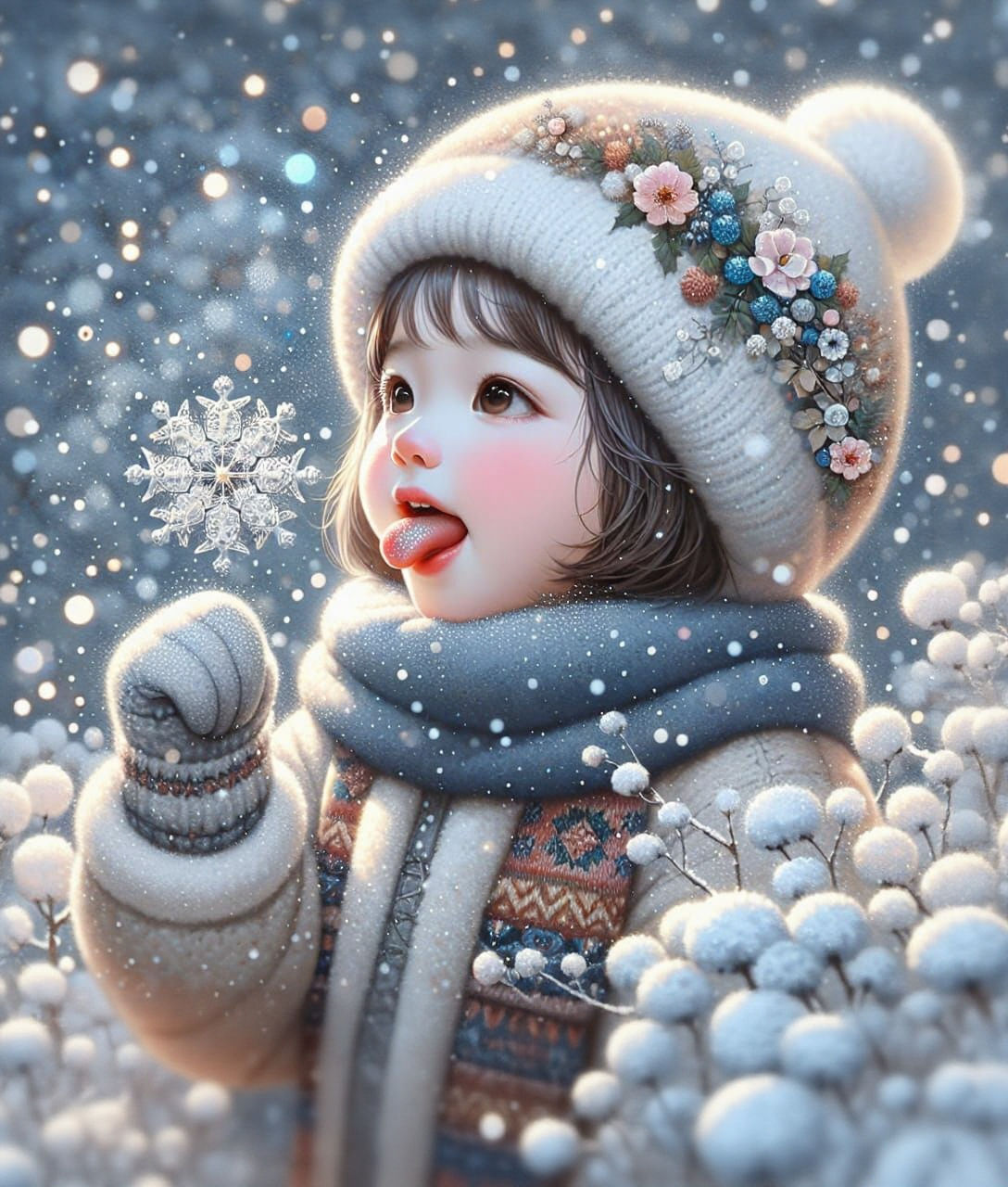 Girl Catches Snowflake: Detailed Digital Winter Painting