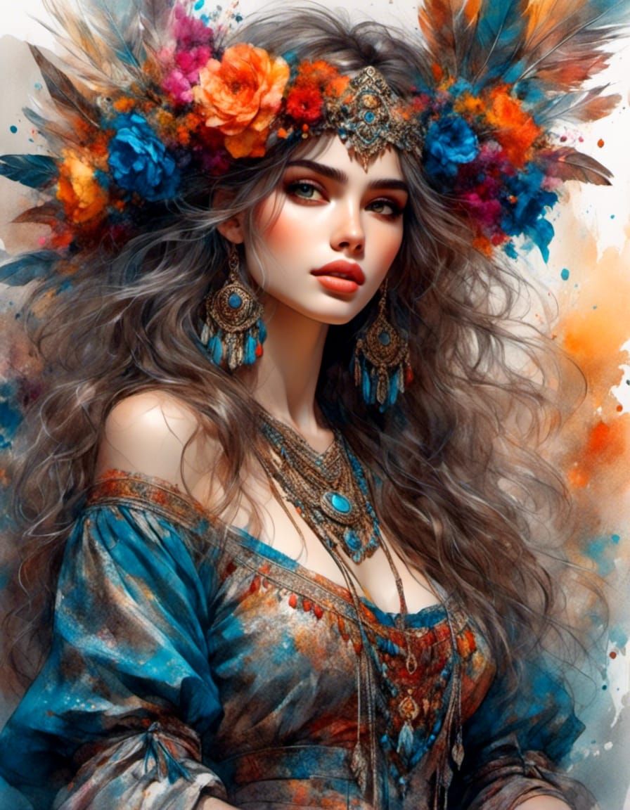 Anime Gypsy Girl: Detailed Color Sketch Portrait