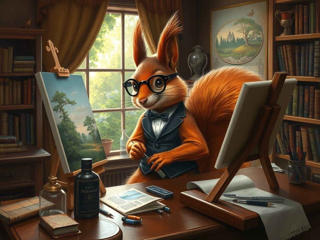 Anthropomorphic Squirrel Painting Miniature Landscape as Oil...