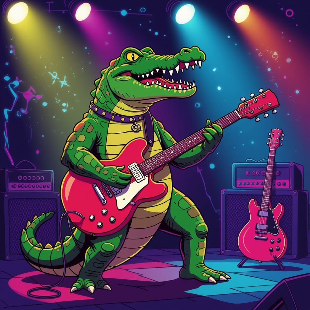Cool Crocodile Guitarist on Neon Stage in Retro Comic Style
