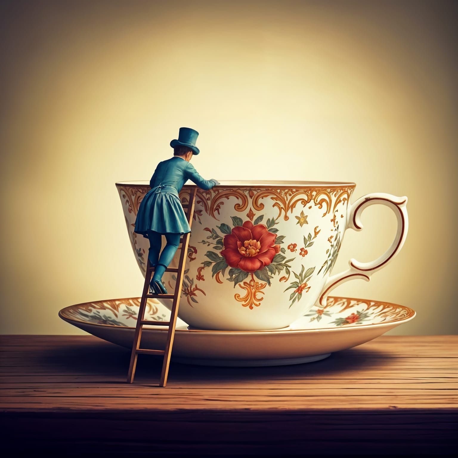 Miniature Person Climbing Giant Teacup, in Pop Surrealism