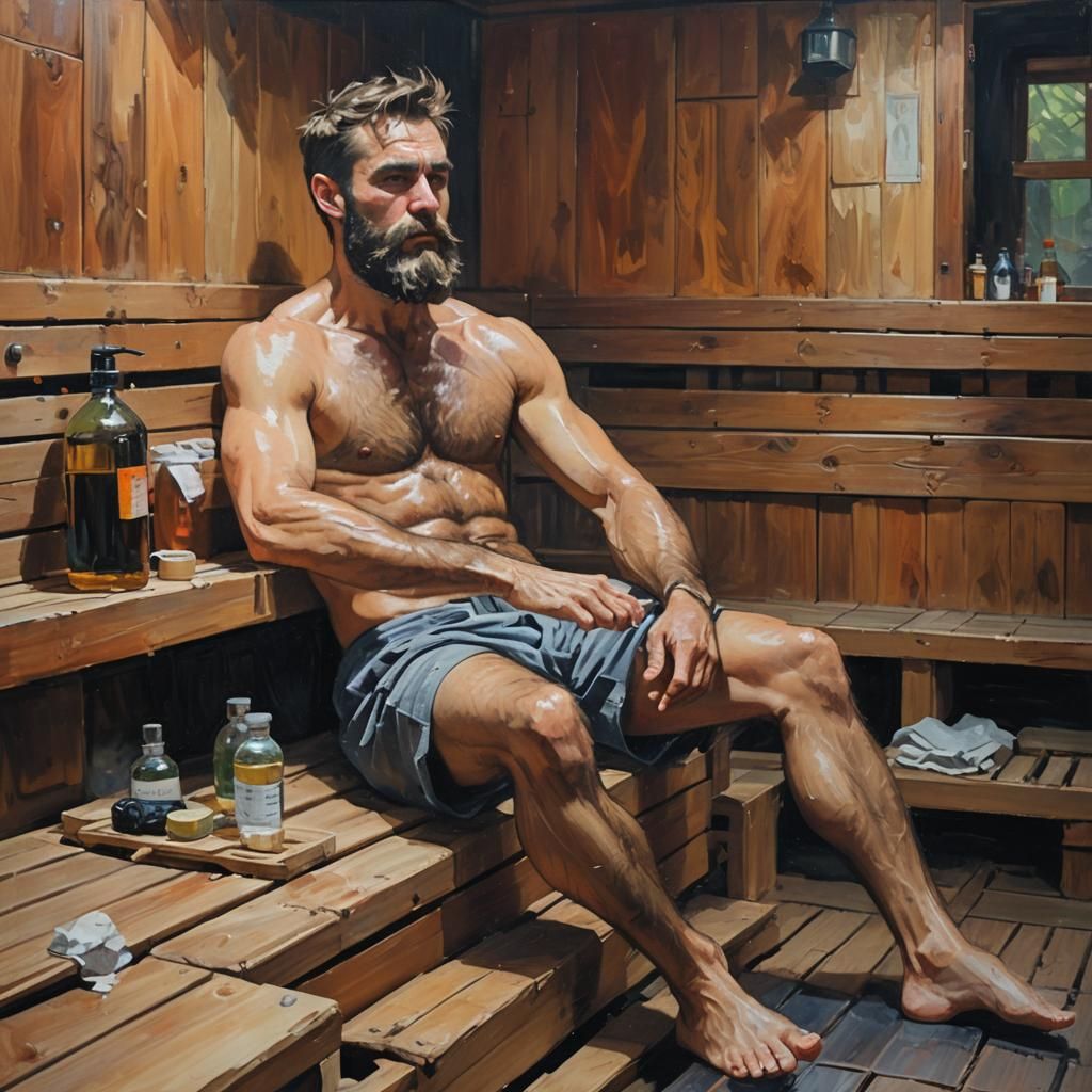 Bearded Man Chilling in Sauna: Oil Painting