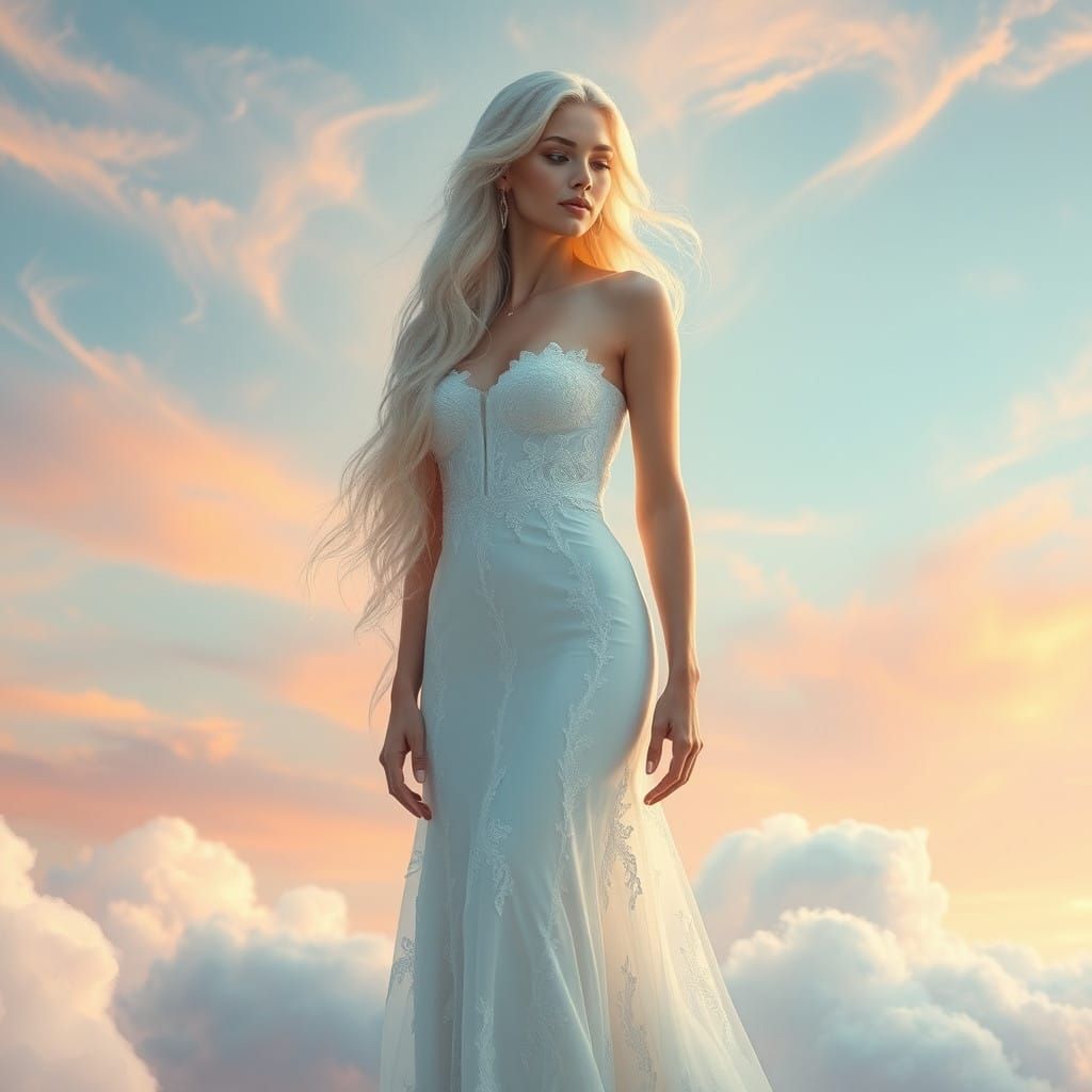Woman in Ethereal Cloudscape with Soft Luminescence