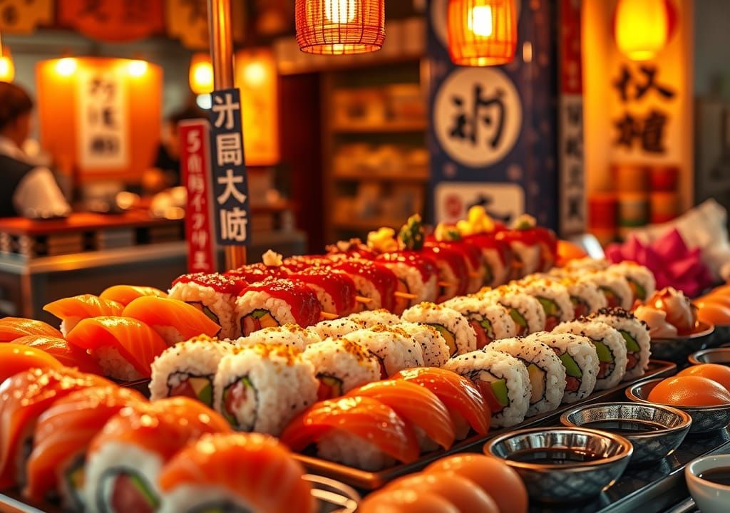 Vibrant Sushi Stand in Contemporary Japanese Style