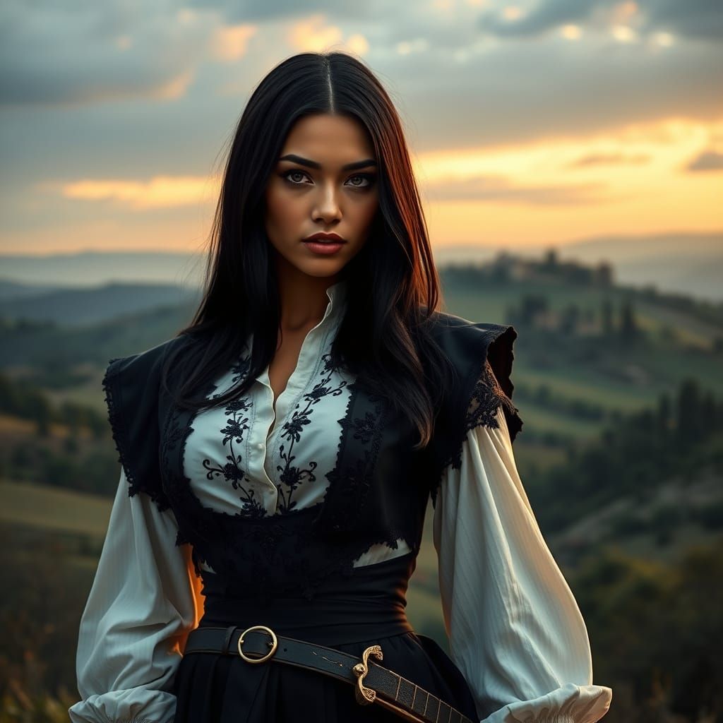Woman in Musketeer Outfit with Rapier, Tuscany Backdrop