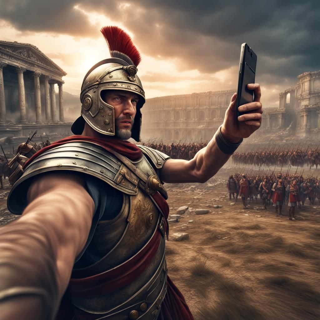 Roman Legionnaire Selfie: Realistic Battlefield Scene