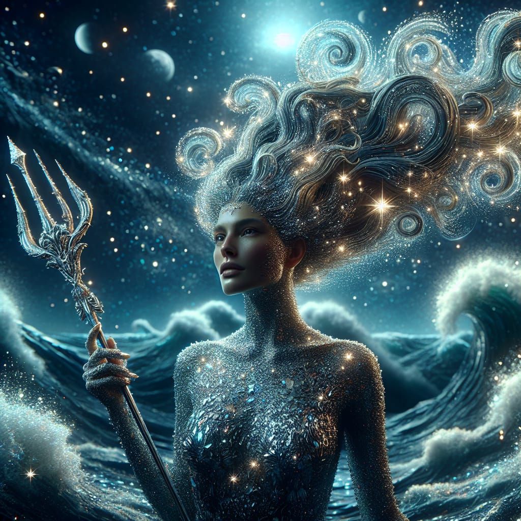 Sparkling Mermaid with Trident in Digital Matte Painting