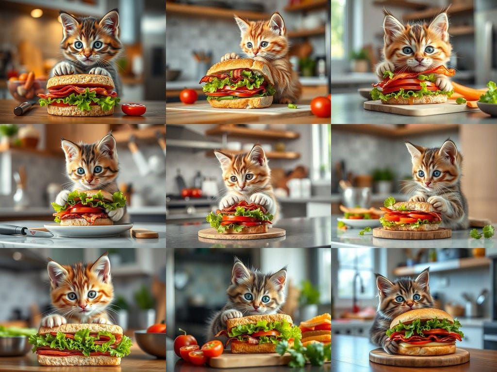 Whimsical Kitten Prepares Gourmet BLT in Modern Kitchen