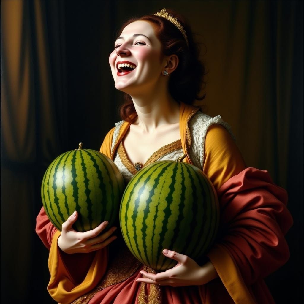 Regal Renaissance Woman with Oversized Watermelons in Golden...