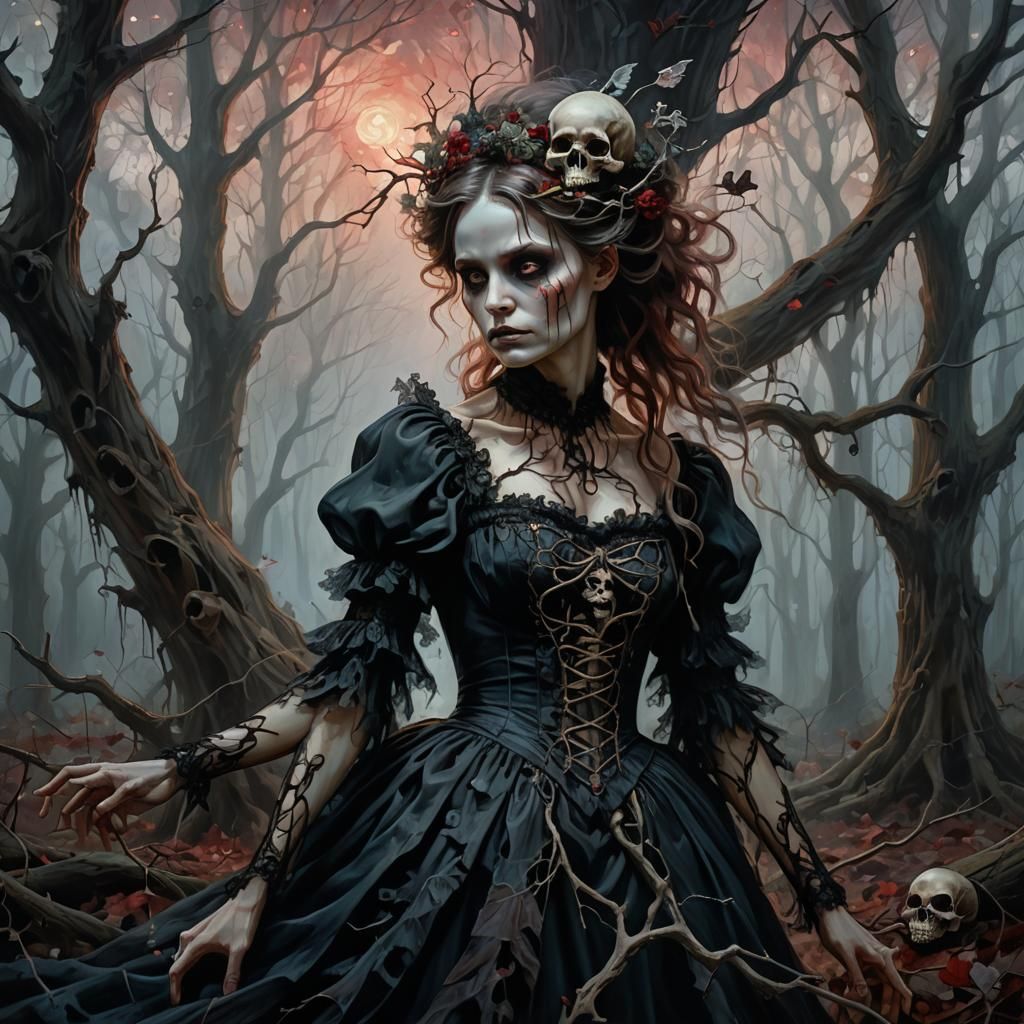 Macabre Fairy with Skull in Dark Forest