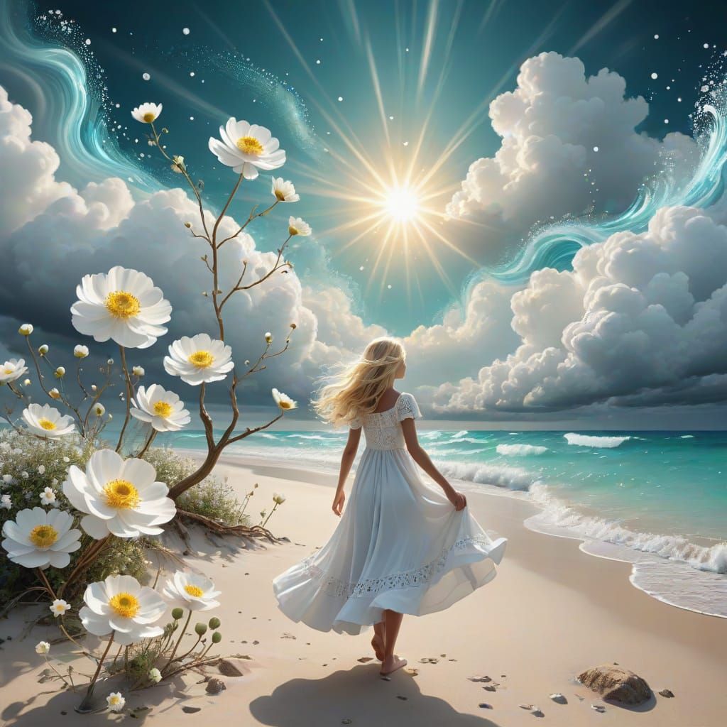 Blond Girl on Magical Beach with Celestial Flowers