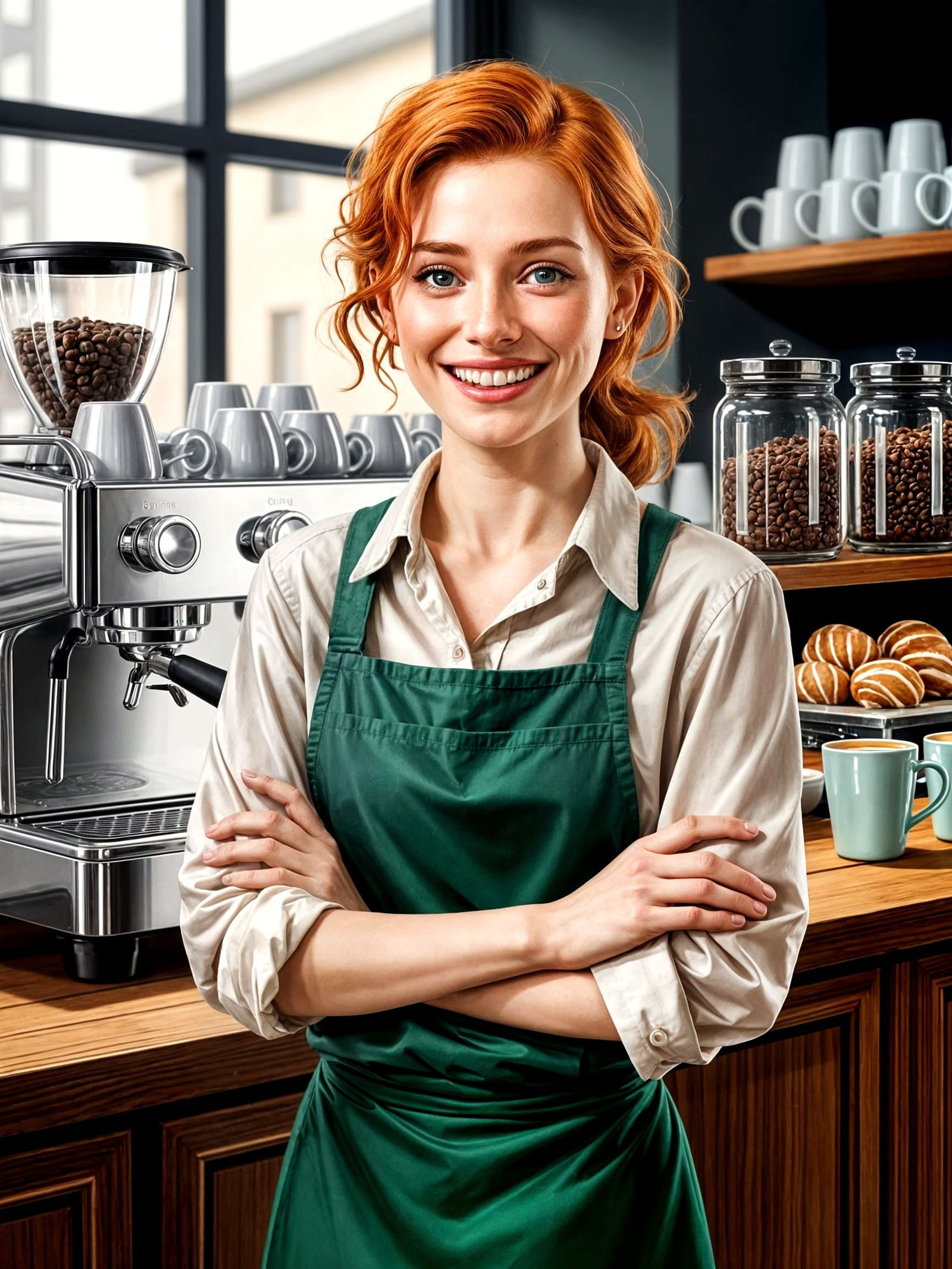 Cheerful Barista in Cozy Coffee Shop: Digital Painting