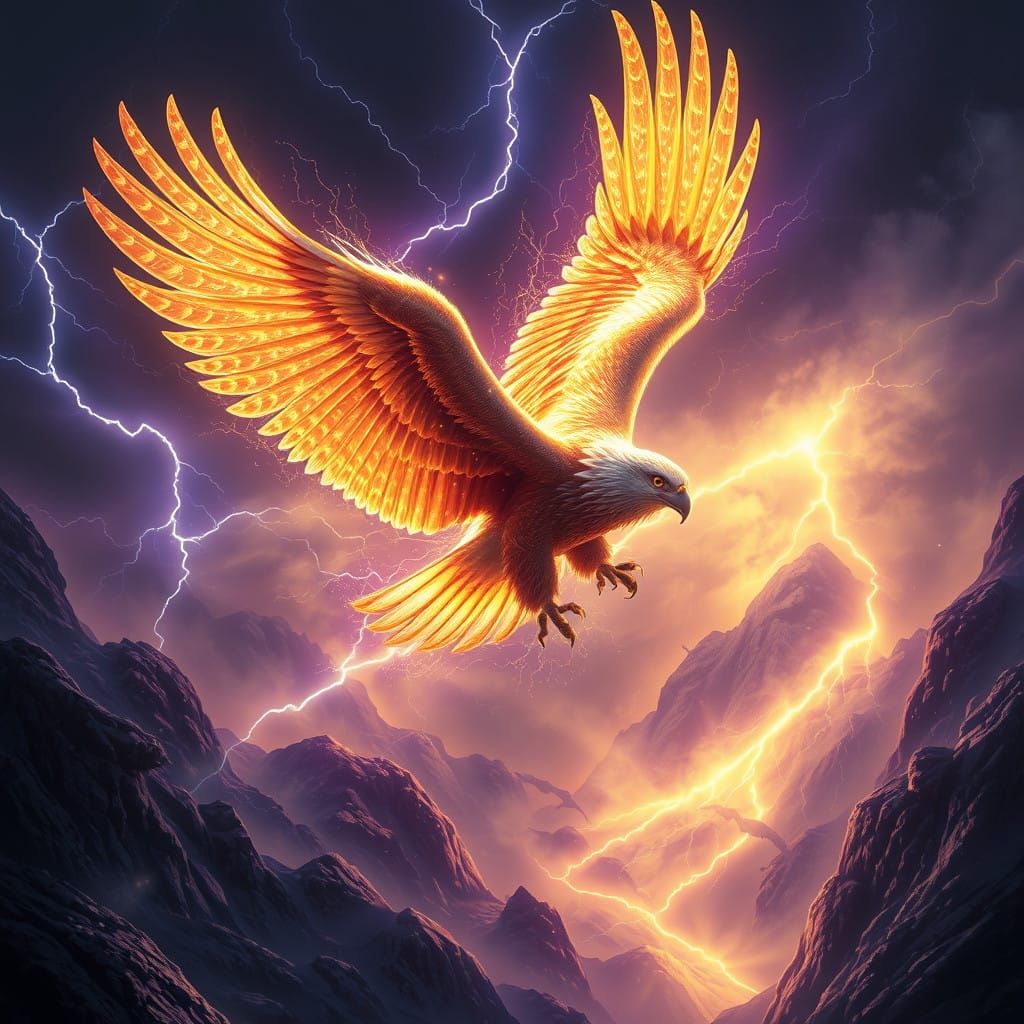 Celestial Eagle in Turbulent Night Sky with Iridescent Sheen