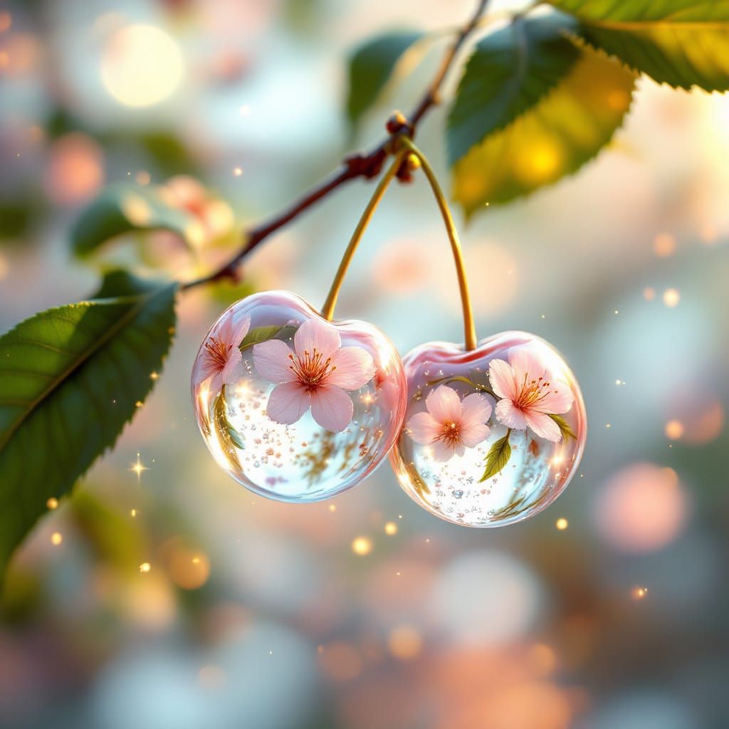 Crystal Cherries with Cherry Blossoms in Hyperreal Style