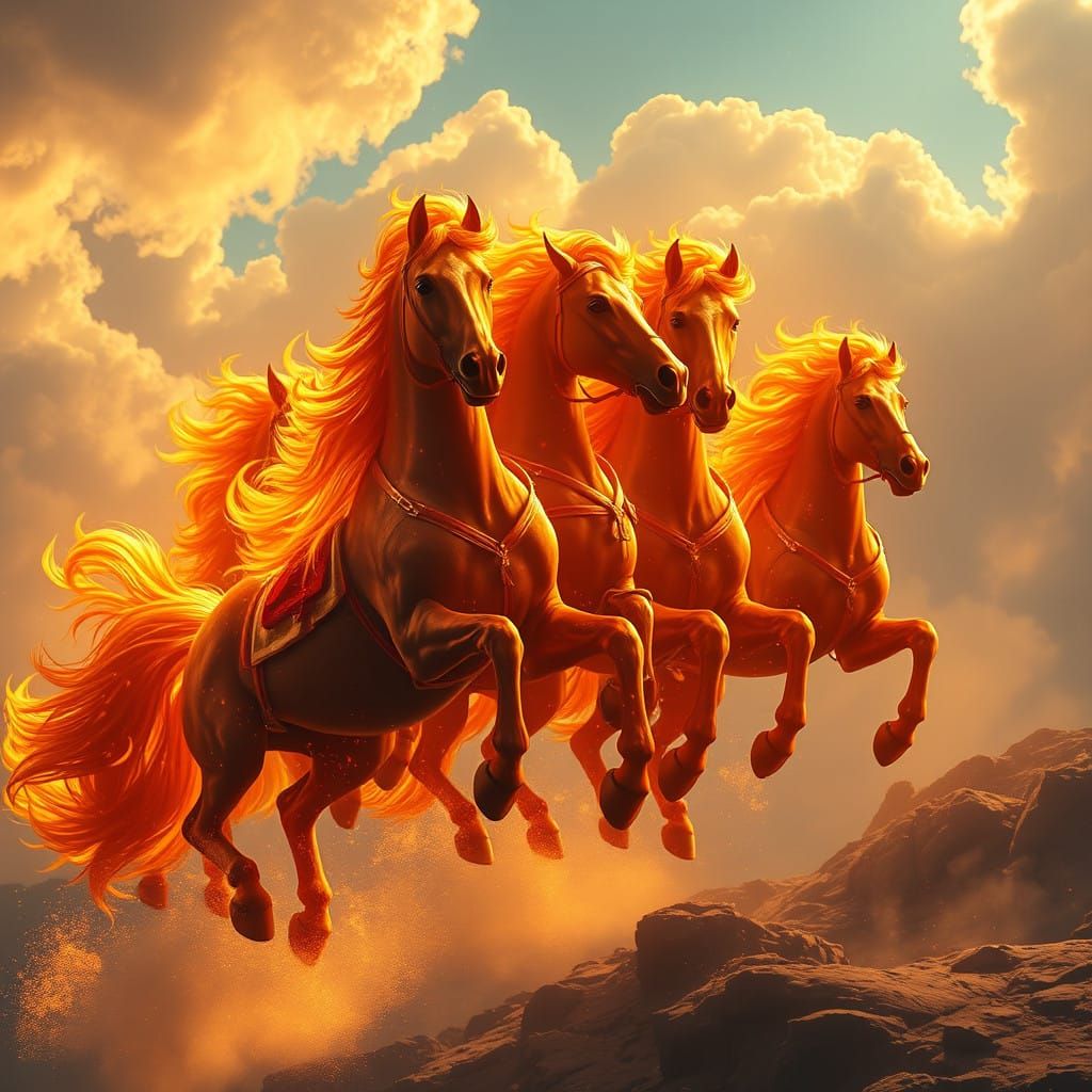 Divine Horses of Heavenly Ascension in Glowing Flames