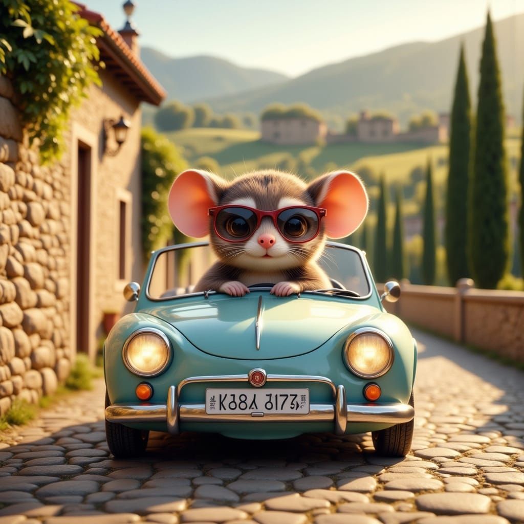 Chibi Mouse Cruises Italian Countryside in Vintage Fiat