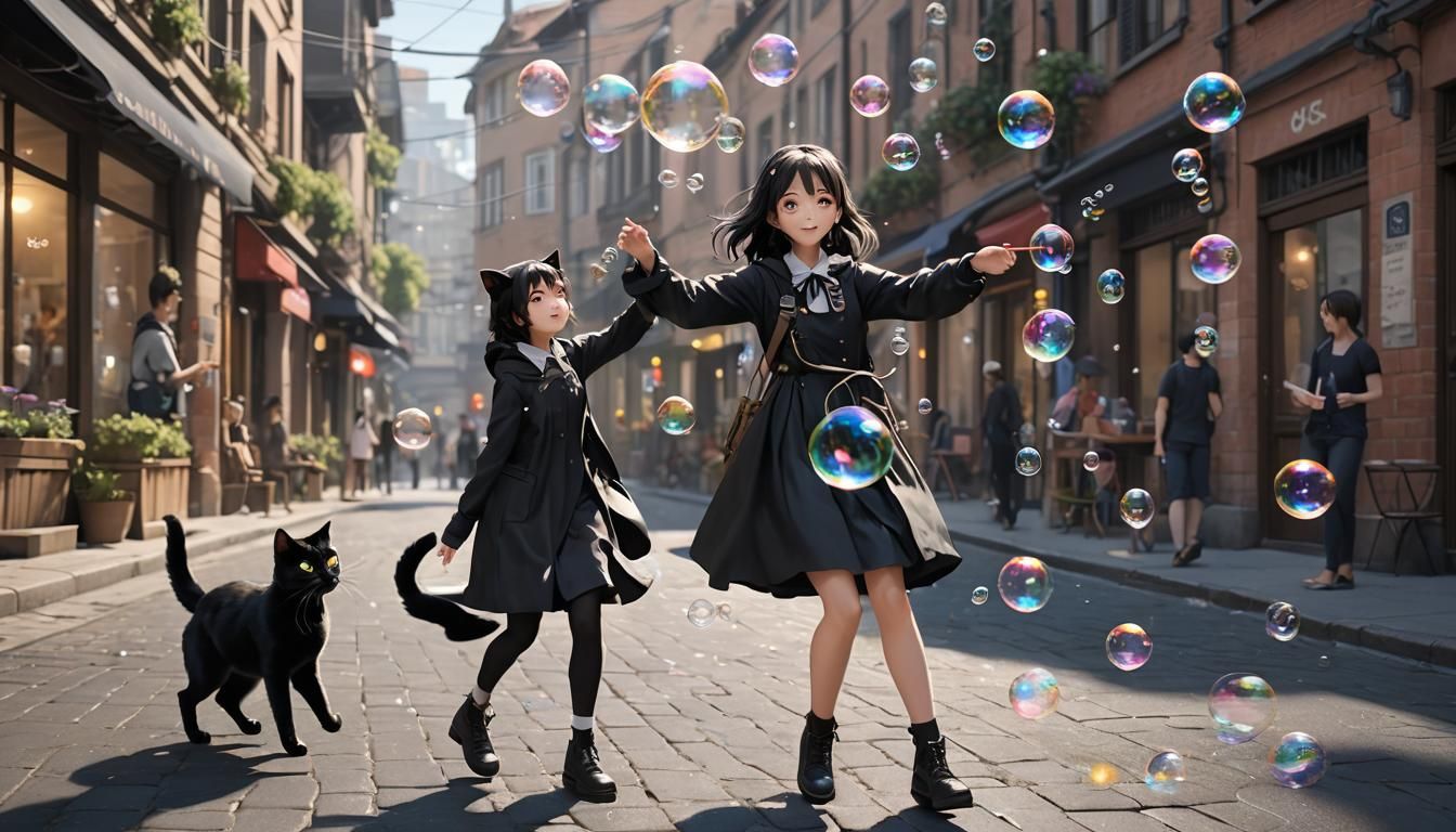 Girl and Cat with Soap Bubbles, Anime Art