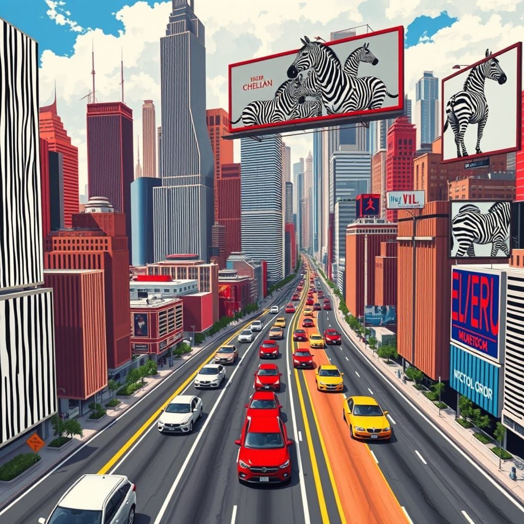 Vibrant Cityscape in Bold Striped Style