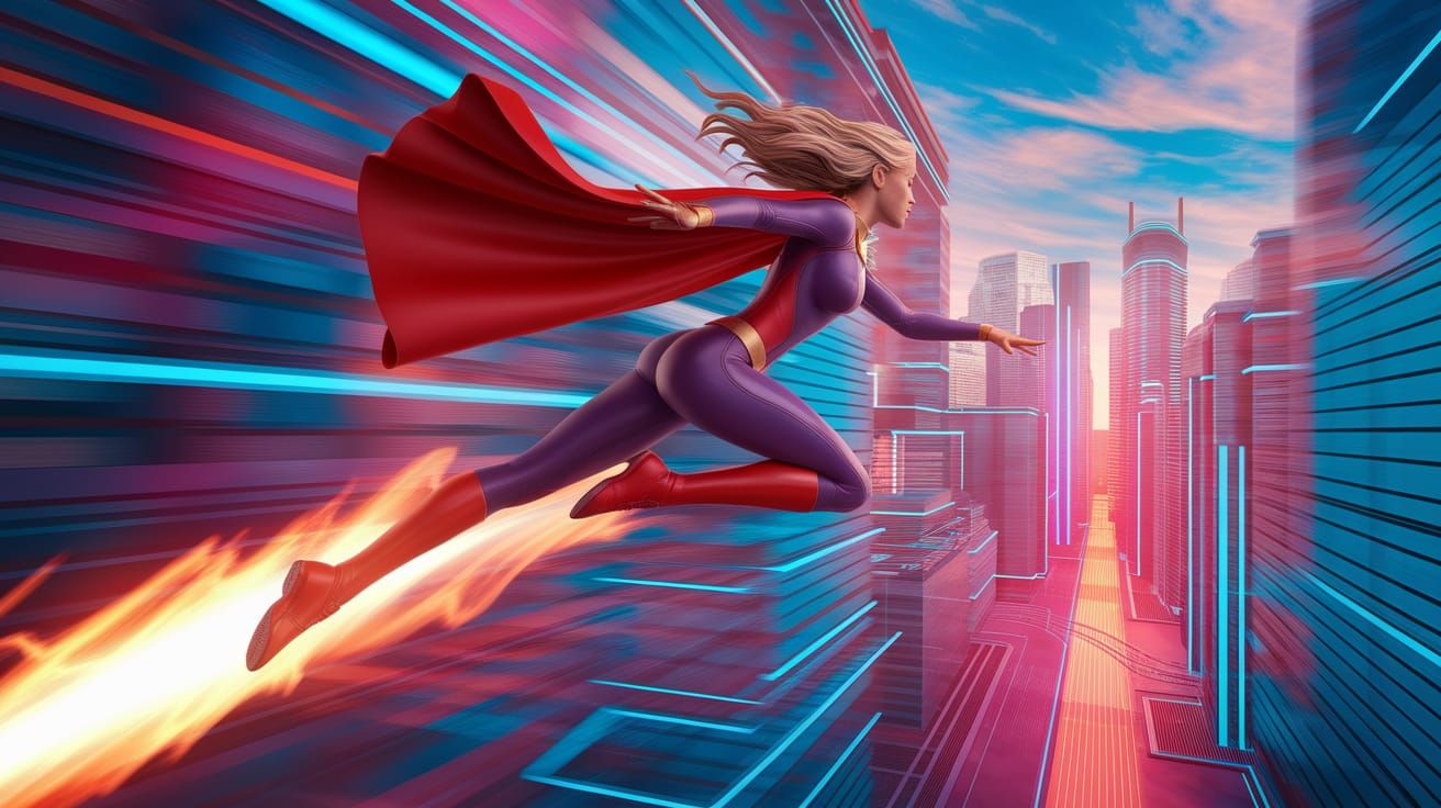 Heroine Soars Through Vibrant Comic Book Cityscape
