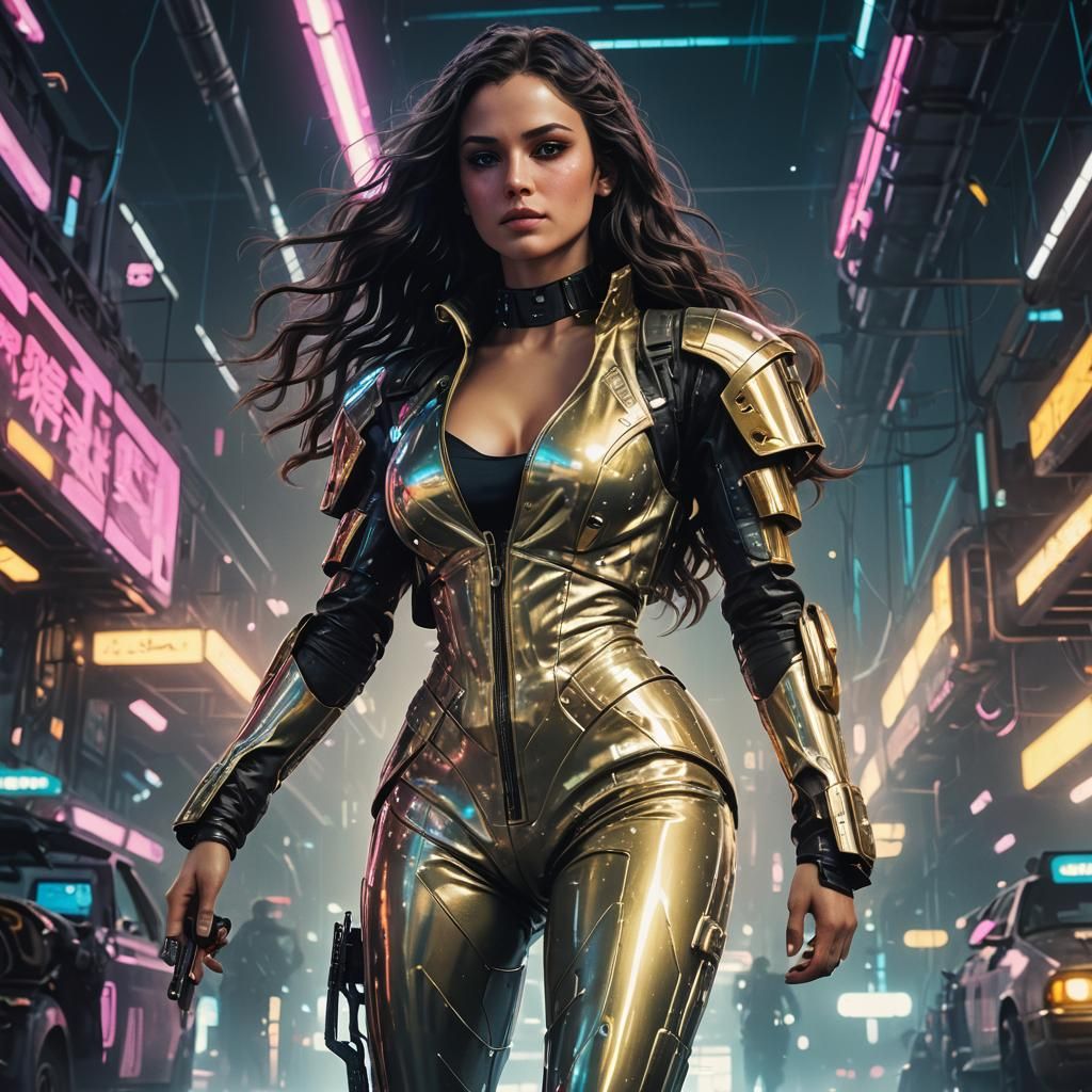 Cyberpunk Woman Flying Among Starships