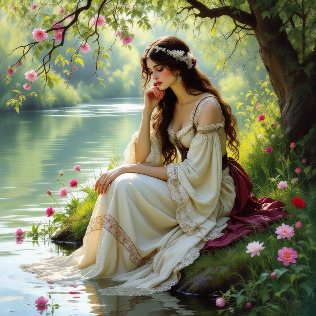 Ethereal Maiden by Riverbank in Pre-Raphaelite Style