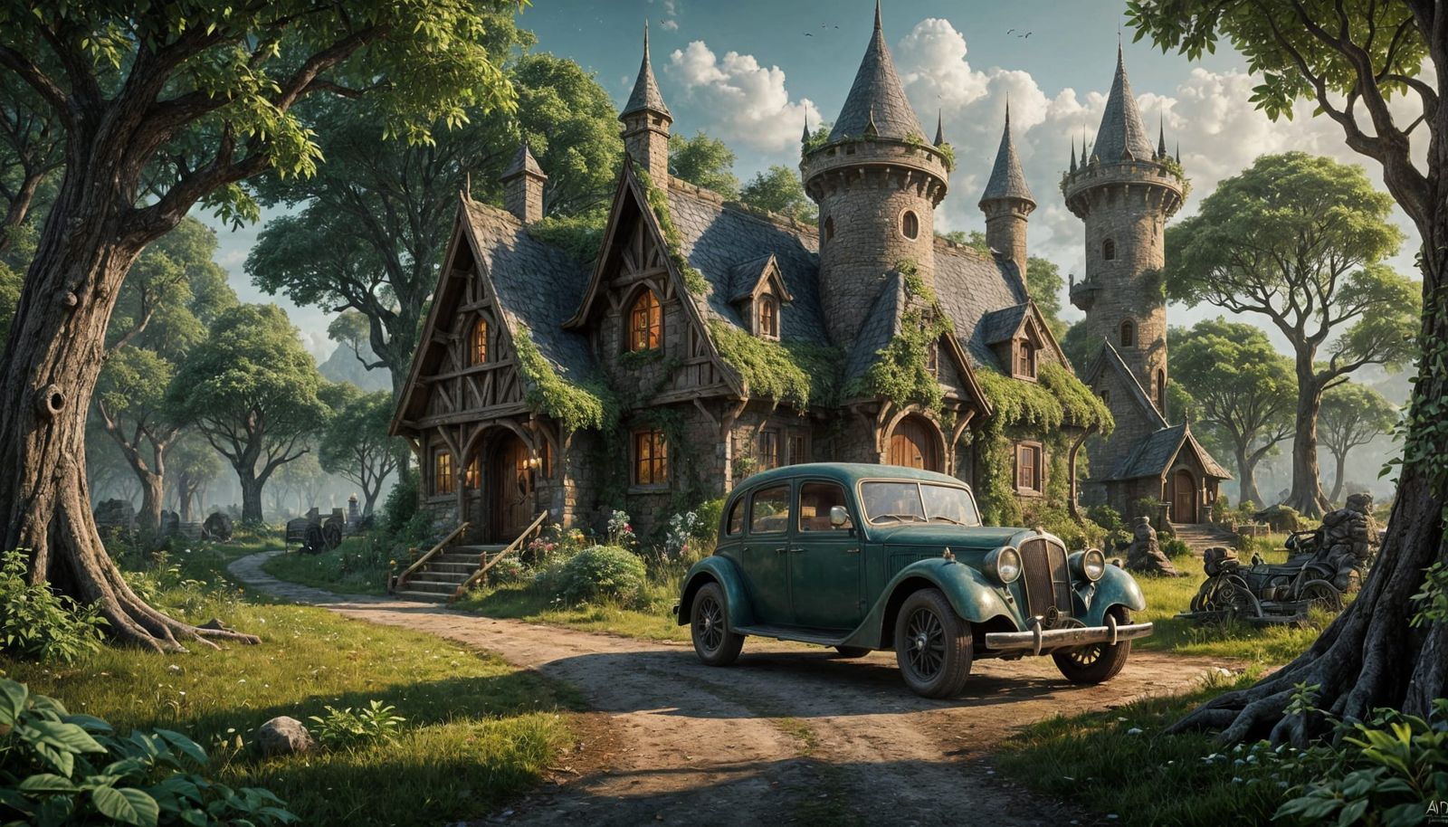 Elven Car and Cottage in Forest: Fantasy Art