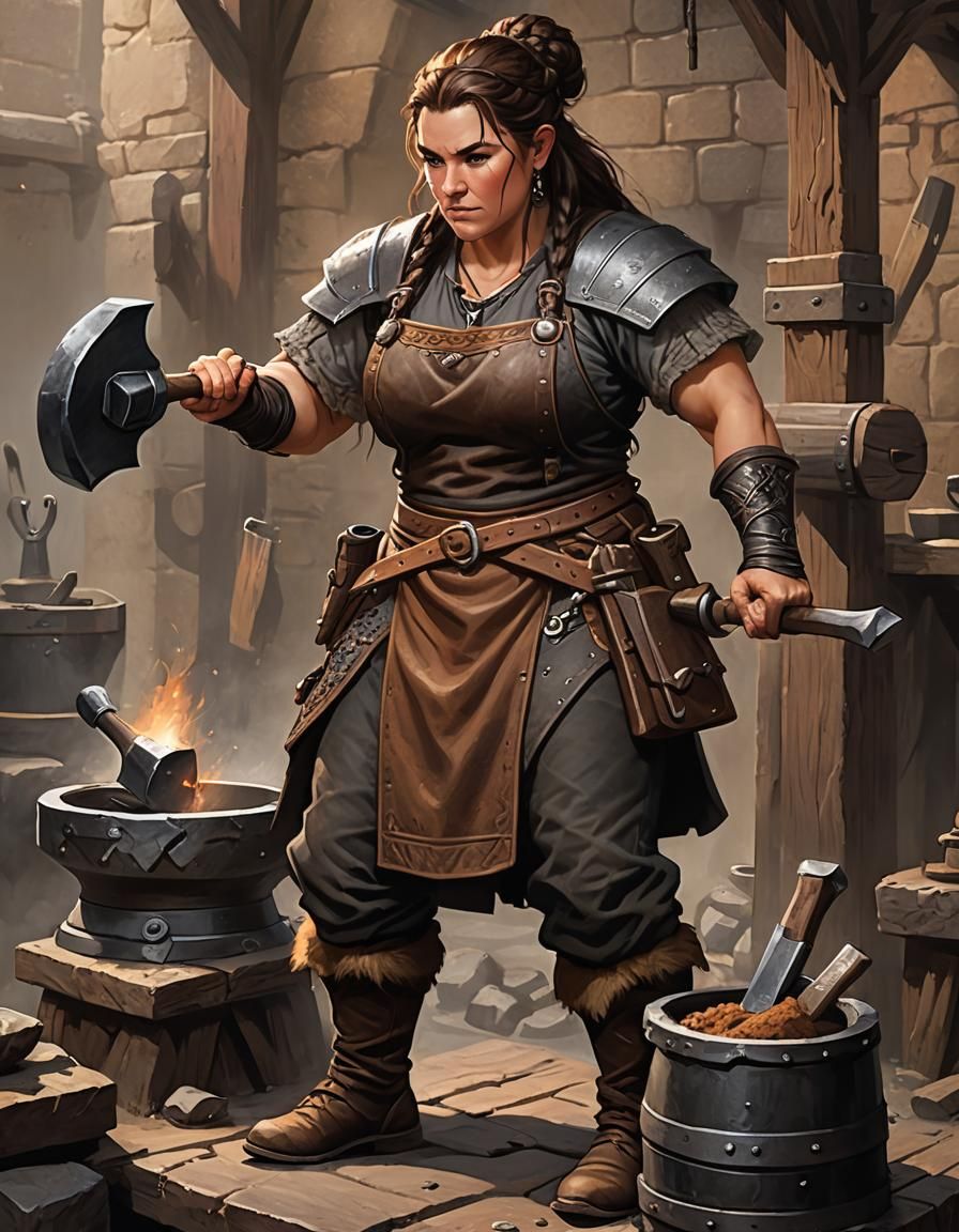 Dwarven Blacksmith Forging Axe Blade at Anvil