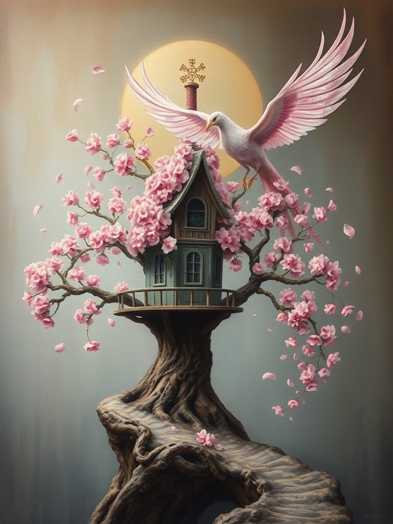 Cherry Blossom Treehouse with Pink Phoenix, Surreal Art