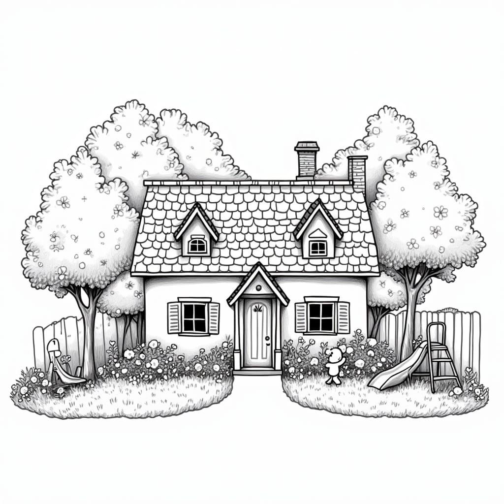 Whimsical Line Art: Cozy House with Garden