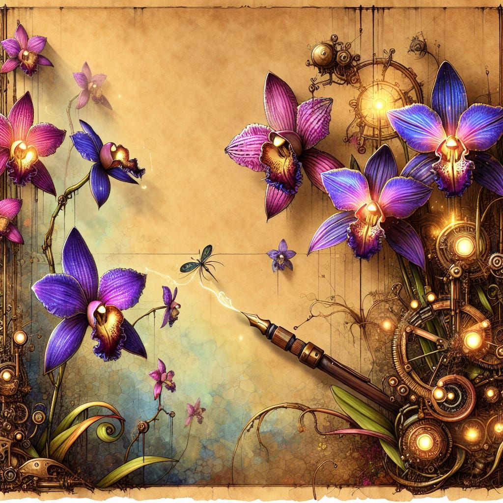 Steampunk Mechanical Orchids in Parchment Botanical Garden