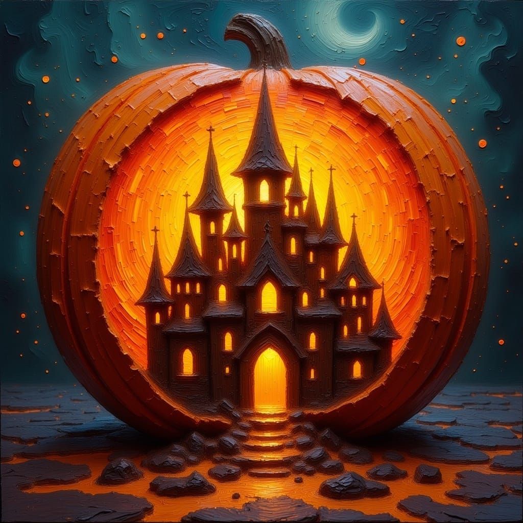 Pumpkin Castle Carving: Hyperrealistic Concept Art