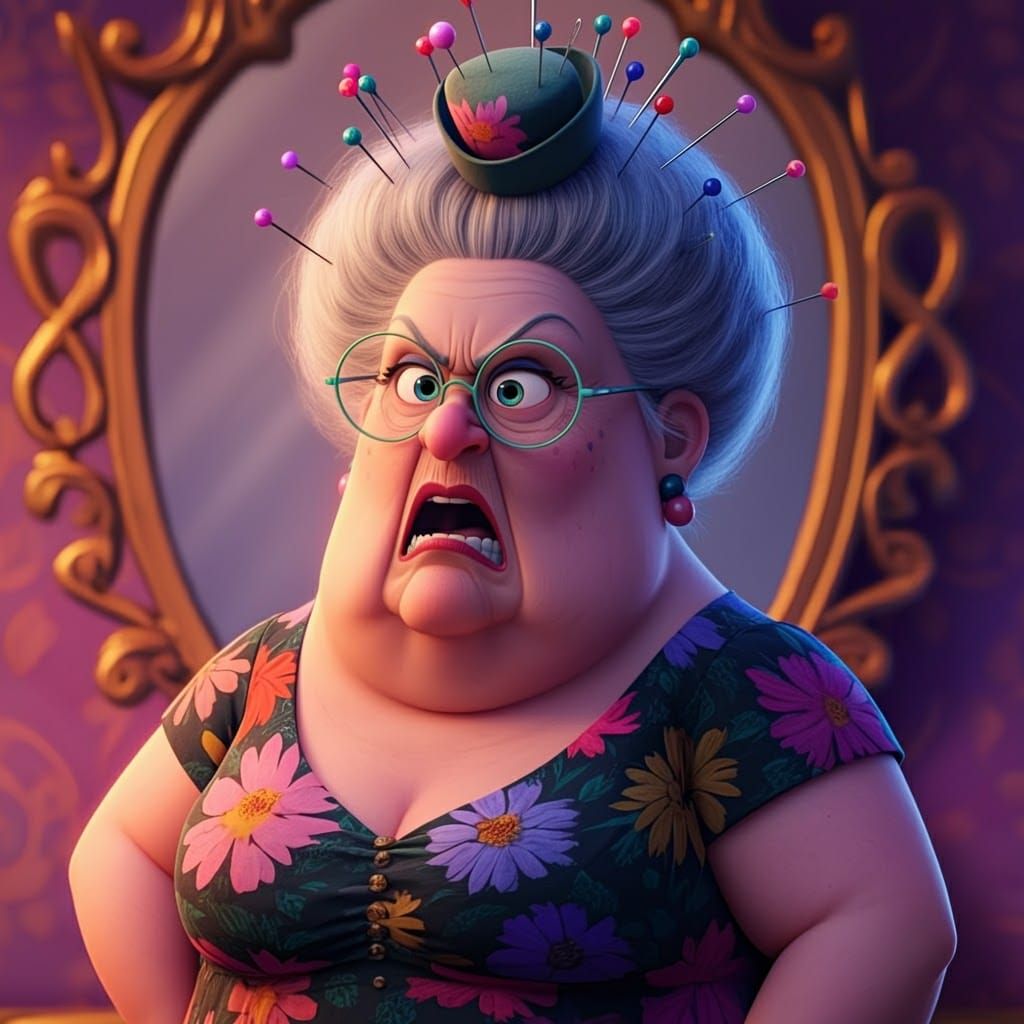 Grumpy Grandma with Pincushion Hat in Pixar Style