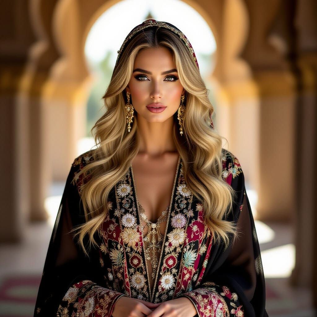 Regal Woman in Luxurious, High-Fashion Abaya