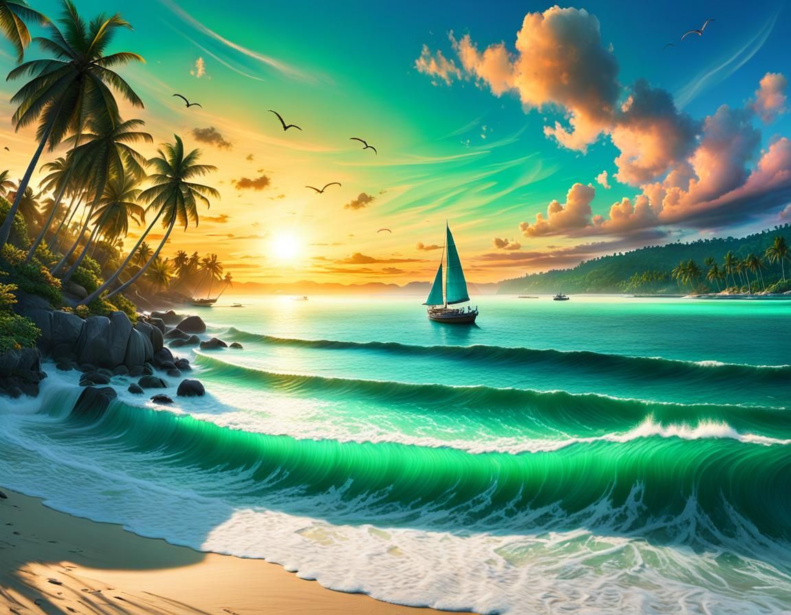 Picturesque Beach Scene at Sunset in Fantasy Painting