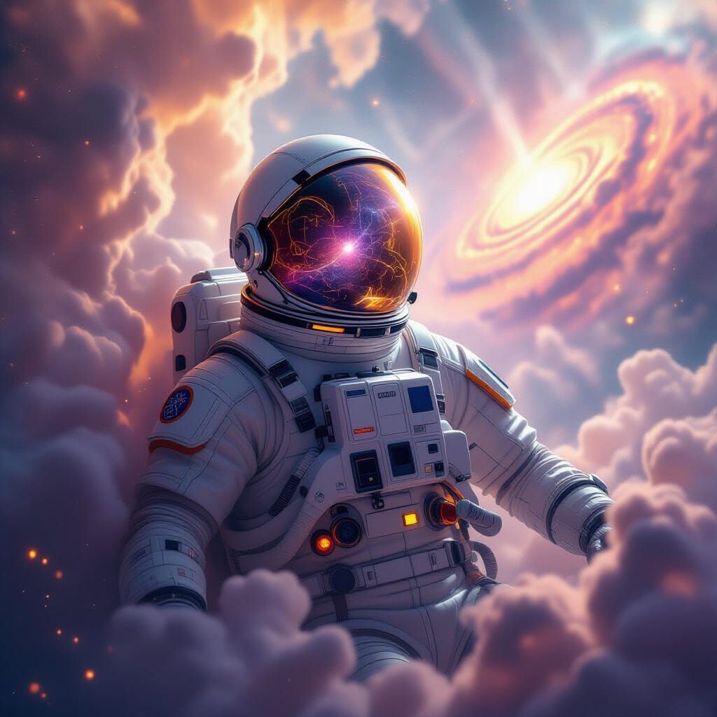 Astronaut in Retro Spacesuit Amidst Cosmic Dust Cloud