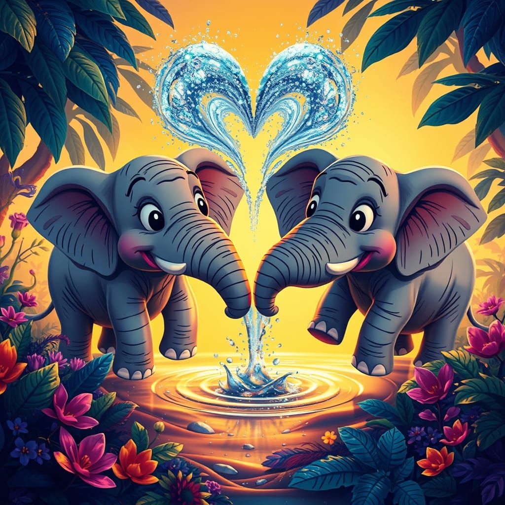 Whimsical Cartoon Elephants Create Heart-Shaped Splash in Vi...