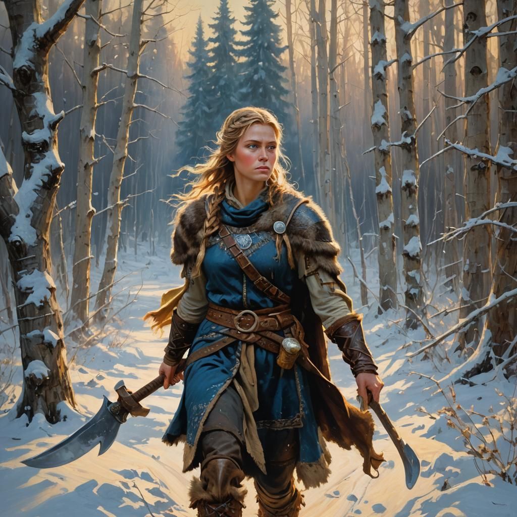 Viking Woman in Winter Forest Oil Painting