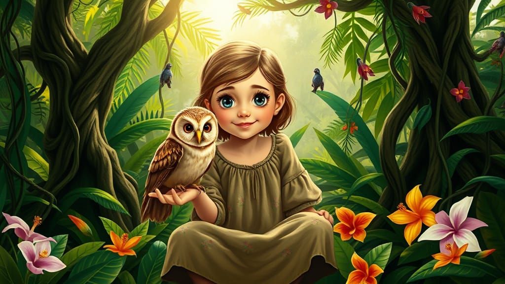 Whimsical Jungle Scene with Gentle Girl and Owl