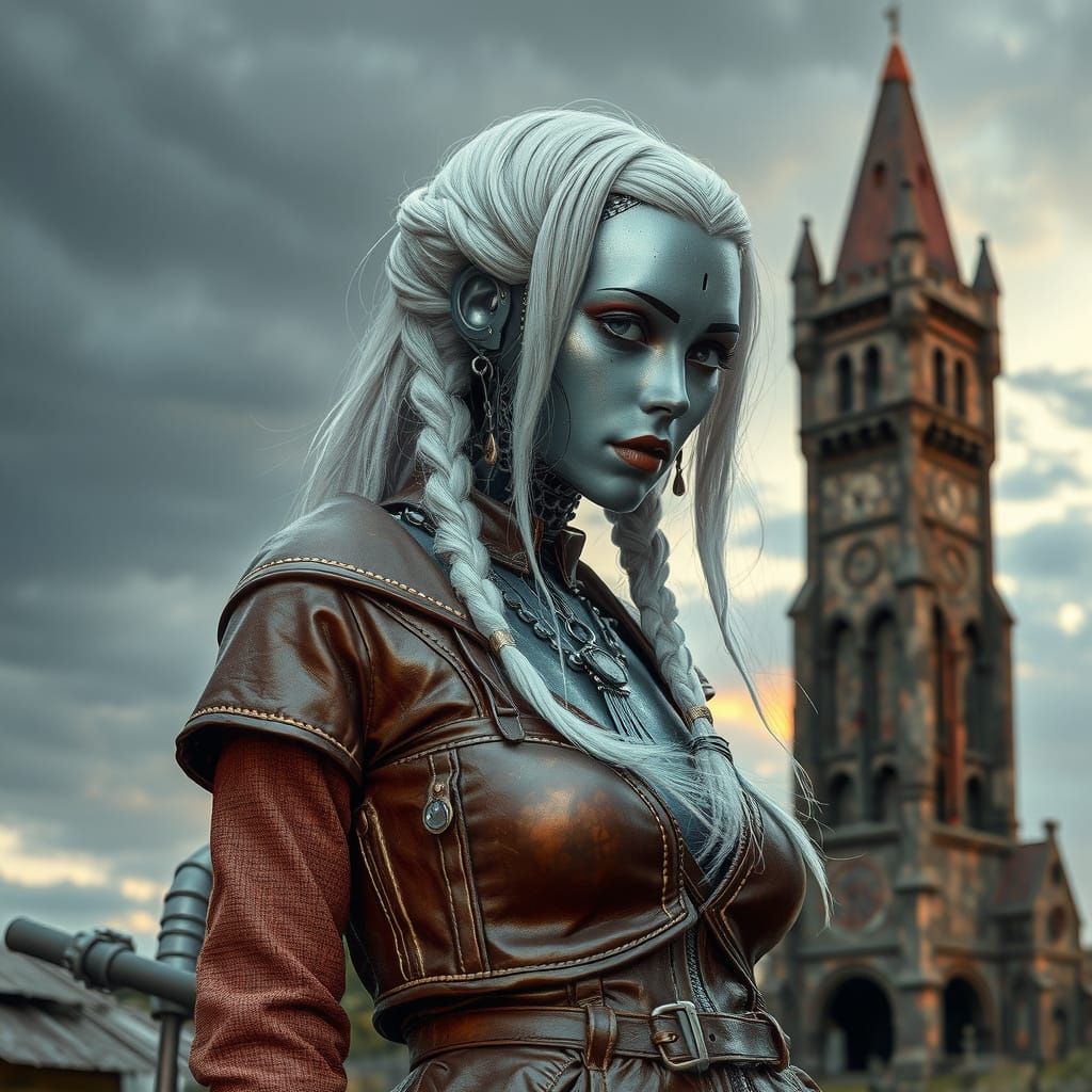 Steampunk Automaton Before Crumbling Mage Tower