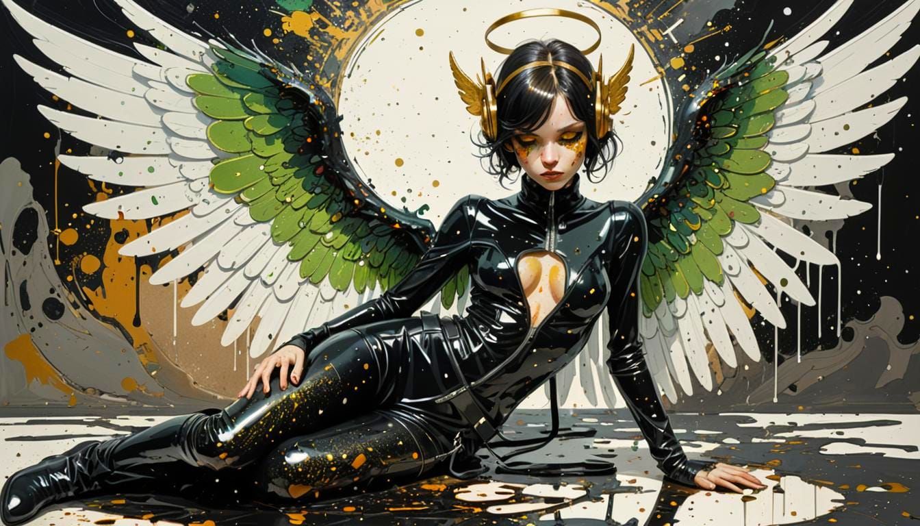 Dark Angel in Ink Outline, Splatter Impasto Style