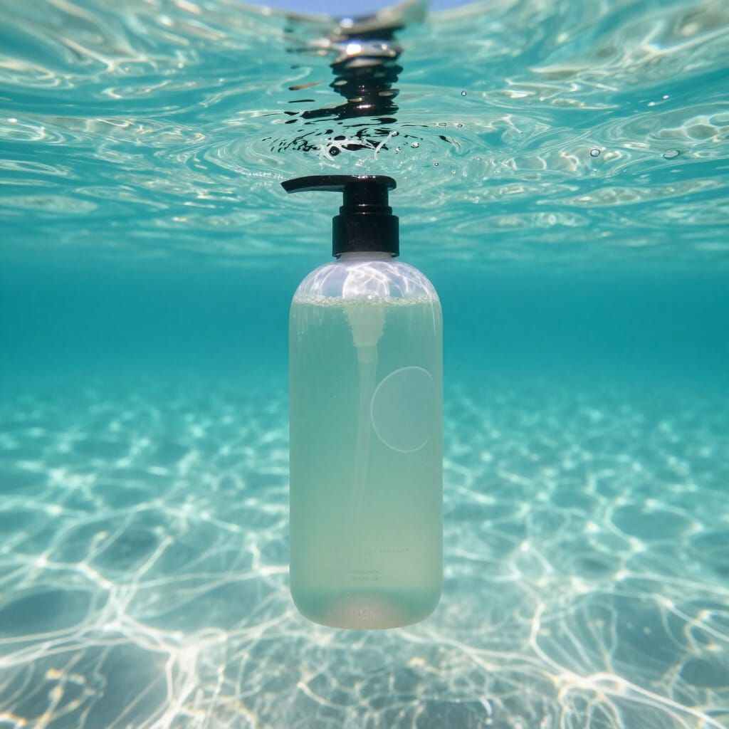 Shower Gel Bottle in Turquoise Ocean Water with Caustic Ligh...