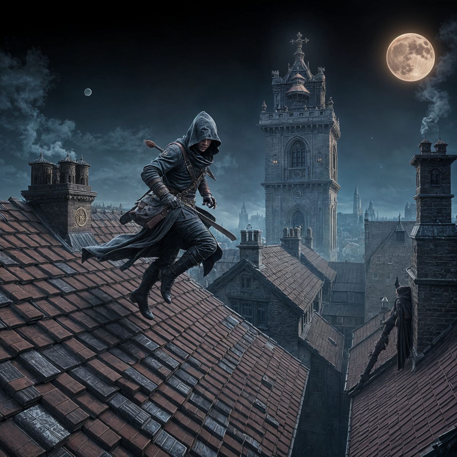 Epic Thief Under Moonlit Rooftops in Cinematic Digital Paint...